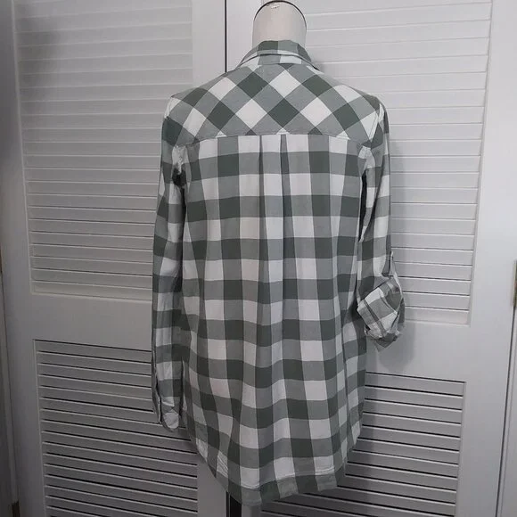 Caslon Green‎ White Large Check Cotton Flannel Tunic Roll Tab Sleeves Size Small - Picture 8 of 11